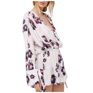 Free People Tuscan Dreams Tunic Top Floral V Neck Bohemian Over-Sized Small